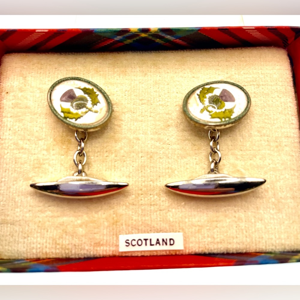 Vintage Scottish Thistle Silver Tone Cuff Links Art Deco Style In Original Box